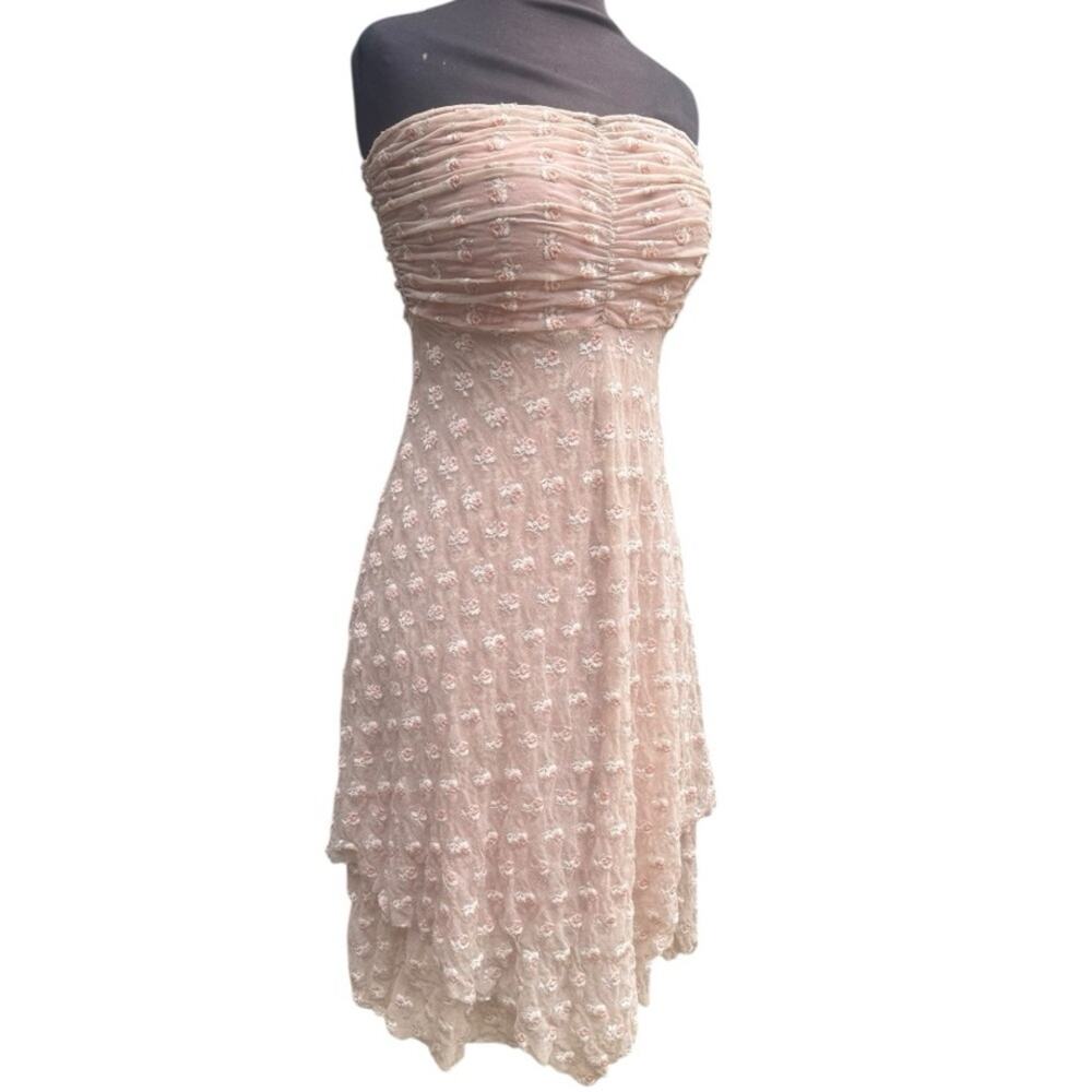 Y2K Free People Boho Fairy Strapless Ruched Floral Mesh Dress Size M Romantic - Picture 3 of 8